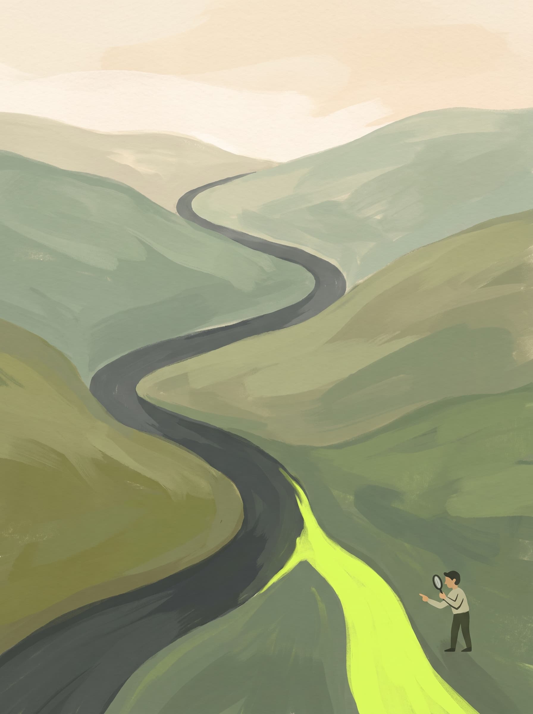 A traveler with a magnifying glass inspecting a winding path through green hills, one branch of it lit in bright lime.