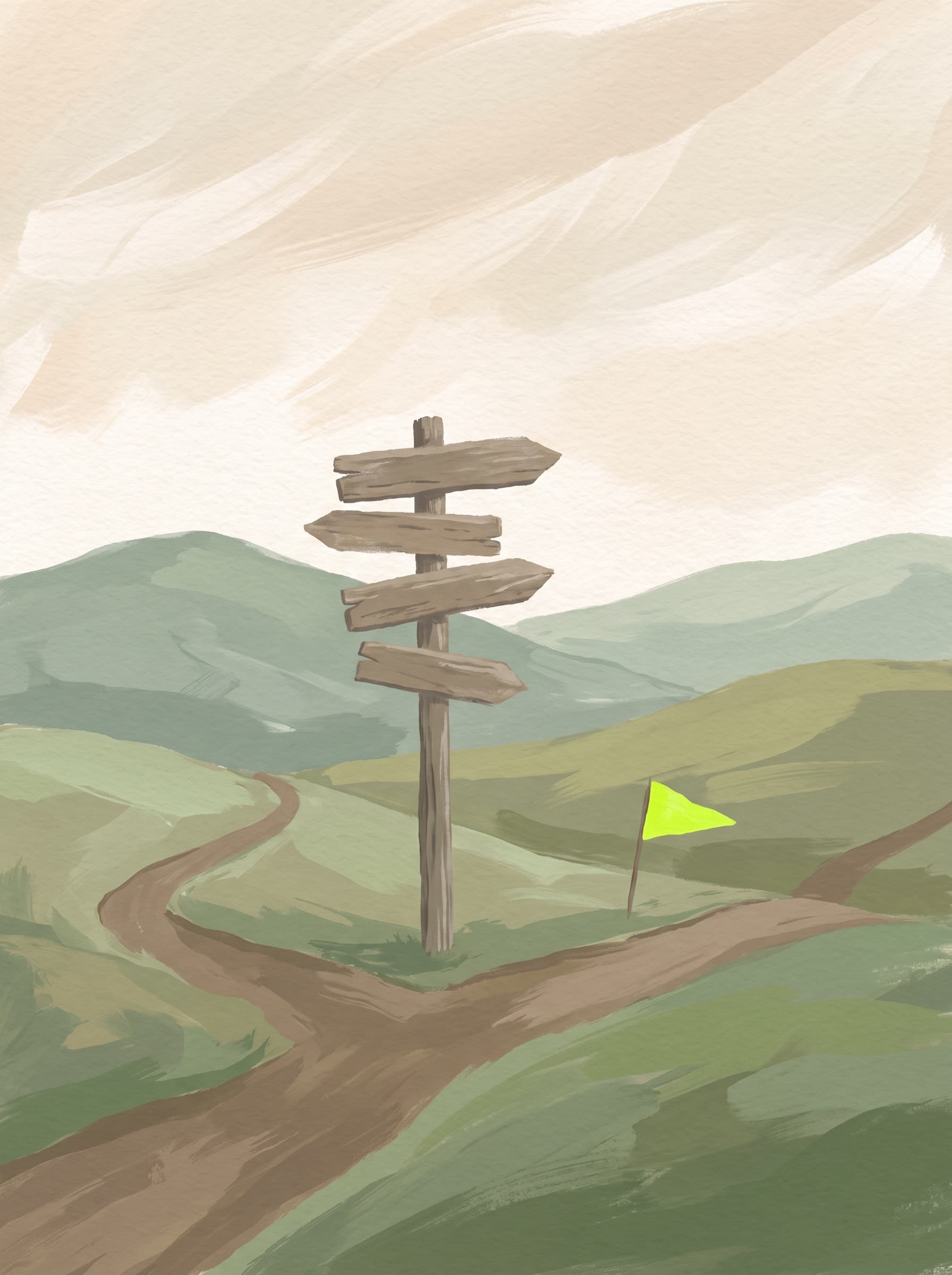 A wooden signpost at a crossroads in rolling hills, a lime flag planted beside the chosen path.