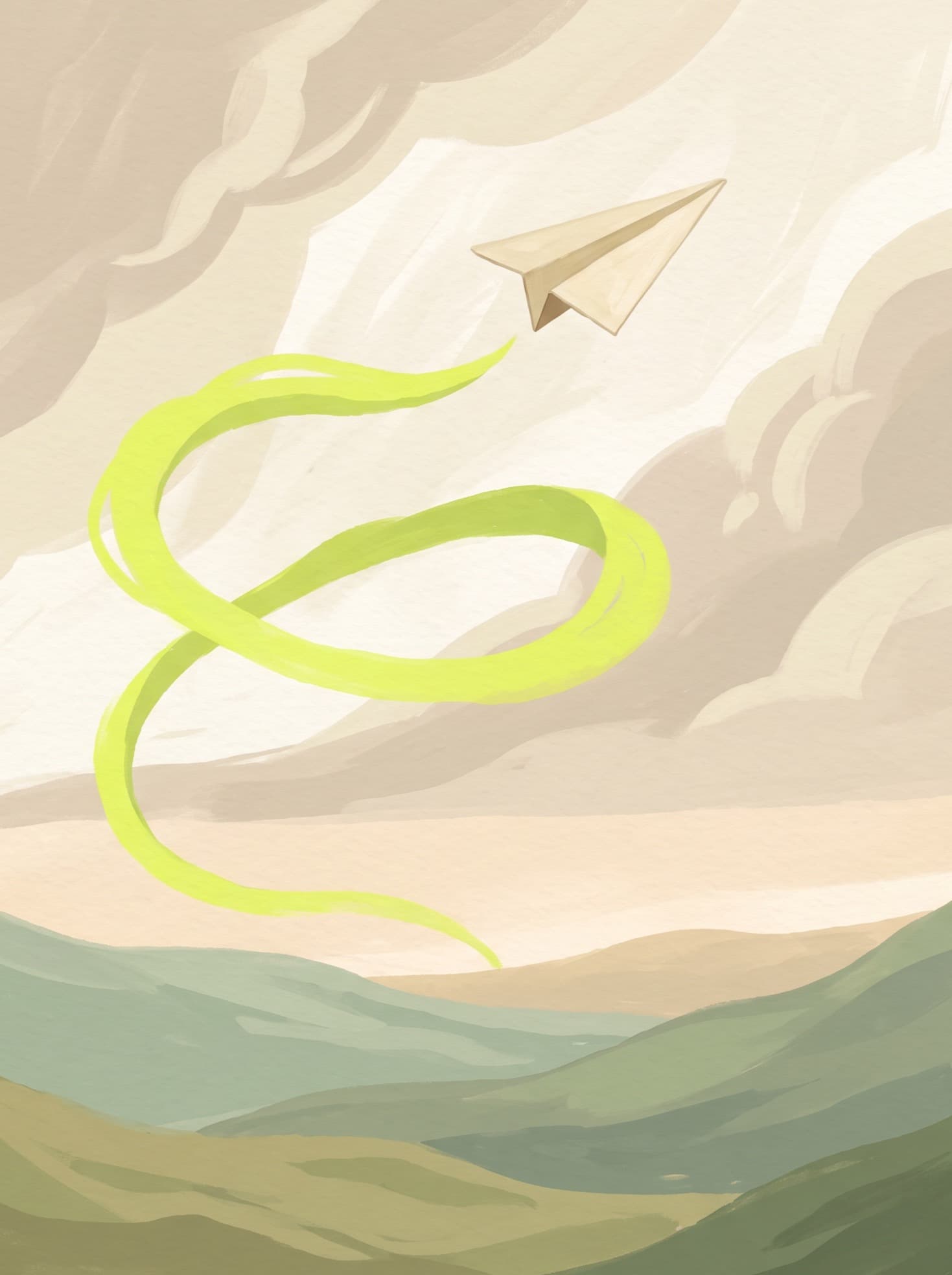 A paper plane climbing into a soft sky, trailing a looping bright-lime ribbon over green hills.