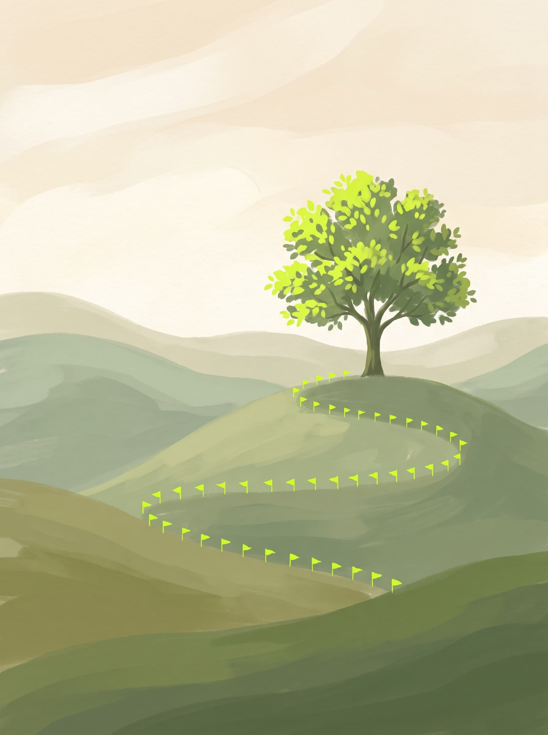 A single tree on a hilltop reached by a winding trail of bright-lime milestone flags.